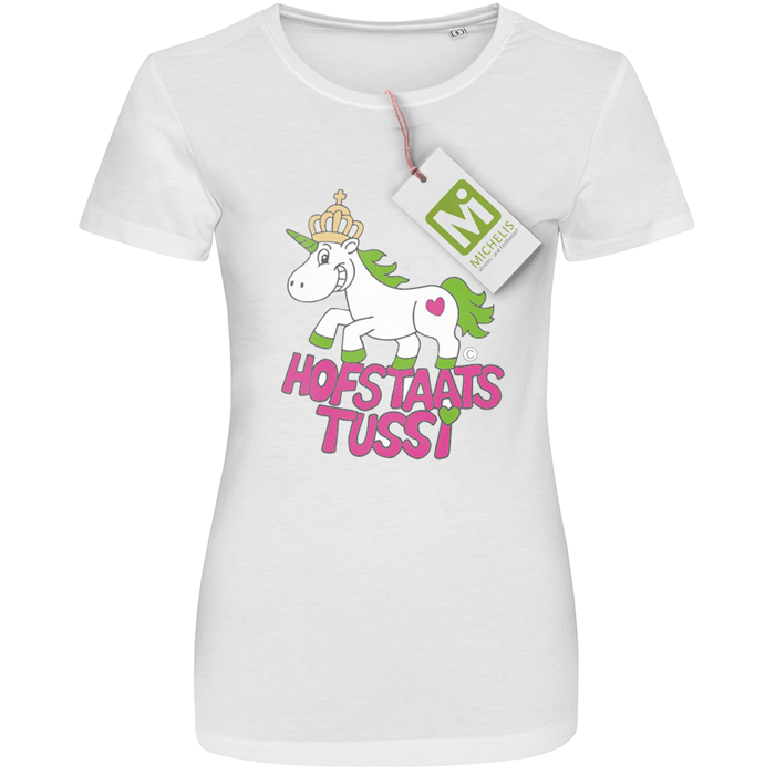 T-Shirt weiß Hofstaatstussi mit Einhorn-Motiv Weißes T-Shirt mit buntem Aufdruck: Einhorn mit Krone, grünem Schweif und Herz sowie dem Schriftzug „Hofstaats Tussi“ auf der Vorderseite.