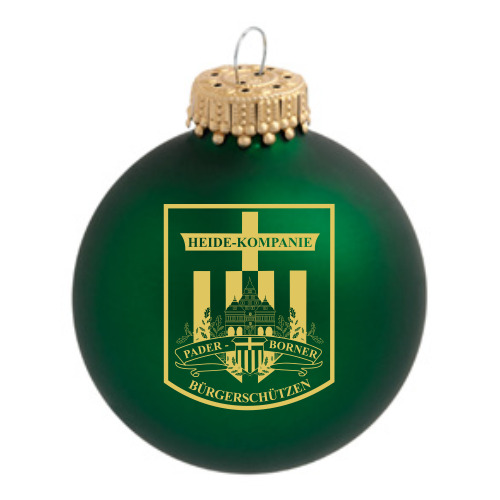 Heide-Kompanie Paderborn Weihnachtskugel mit grünem Schützenmotiv Grüne Weihnachtskugel aus Glas mit goldfarbenem Aufdruck der Heide-Kompanie Paderborn Bürgerschützen und goldfarbener Aufhängung.