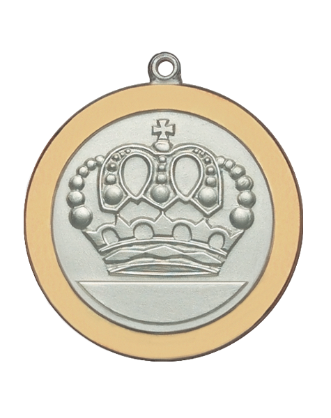 Königinnenmedaille mit Krone und goldenem Rand Königinnenmedaille aus versilberter Legierung mit goldfarbenem Rand, runder Form, Öse und Ring sowie geprägtem Kronenmotiv auf der Vorderseite