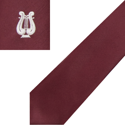 Musikerkrawatte bordeauxrot mit Lyra-Stickerei Bordeauxrote Musikerkrawatte in normaler Form mit weißer Lyra-Stickerei und Shantung-Struktur aus Polyester
