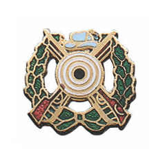Abzeichen vergoldet mit Sicherheitsnadel mit Zielscheibe und Schützenfest-Emblem Vergoldetes Abzeichen mit Zielscheibe in der Mitte, gekreuzten Elementen und grün-rotem Schützenfest-Emblem, als kompaktes Ehrenabzeichen mit Sicherheitsnadel.