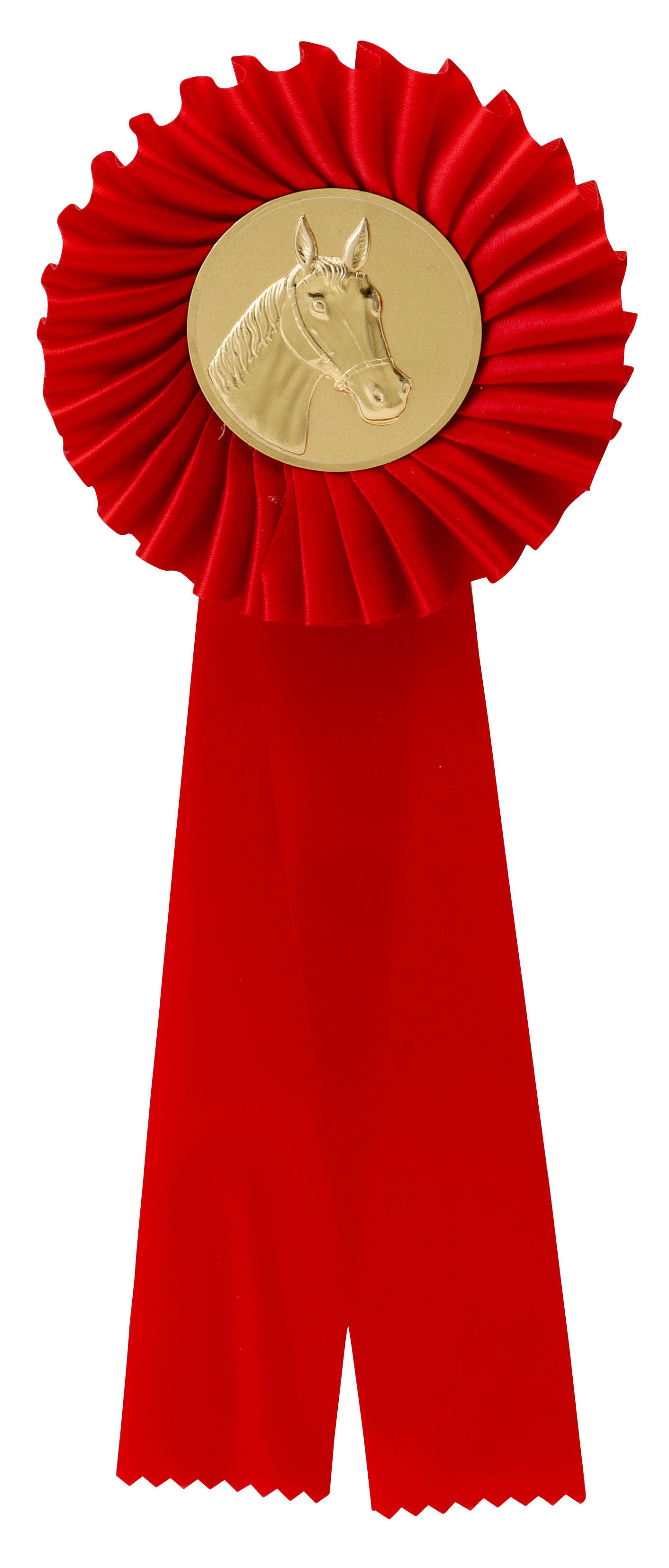 Einfache Rosette in Rot mit goldfarbenem Pferde-Emblem Einfache Rosette in Rot mit gefälteltem Rundteil, zwei langen Schleifenbändern und goldfarbenem Metallemblem mit Pferdekopf im Zentrum