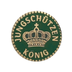 Auflage Jungschützenkönig, rundes Vereinsabzeichen in Gold und Grün Runde Auflage Jungschützenkönig in Gold und Grün mit goldener Krone und Schriftzug auf grünem Hintergrund, vergoldete Optik für Schützenorden und Vereinsabzeichen