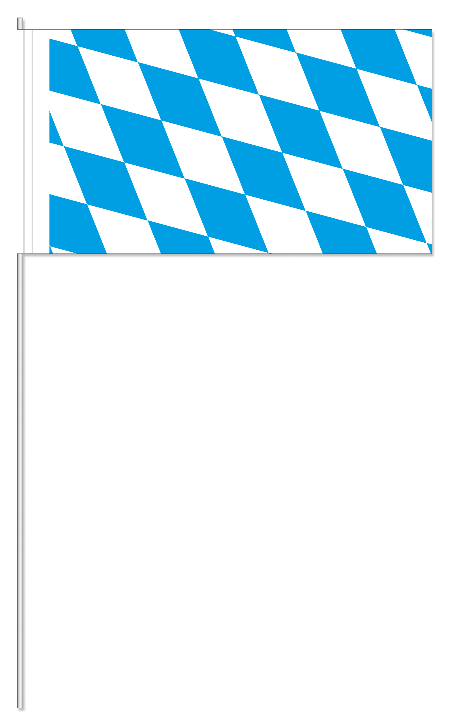 Papierfähnchen Bayern mit weiß-blauem Rautenmuster am weißen Stab Papierfähnchen Bayern mit weiß-blauem Rautenmuster, rechteckiger Papierfahne und weißem Stab, beidseitig gleich bedruckt.