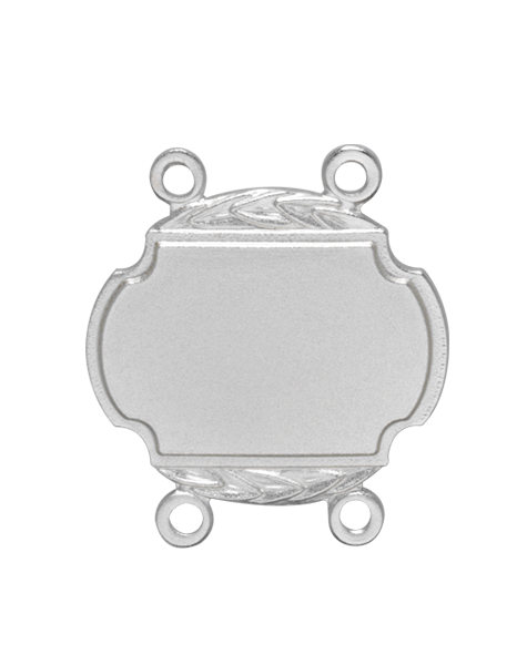 Versilbertes Kettenglied mit 4 Ösen für Schützenkette Kettenglied versilbert in schildförmiger Form mit glatter Mittelplatte, Zierdekor oben und unten sowie vier Ösen zur Befestigung an einer Schützenkette oder Königskette
