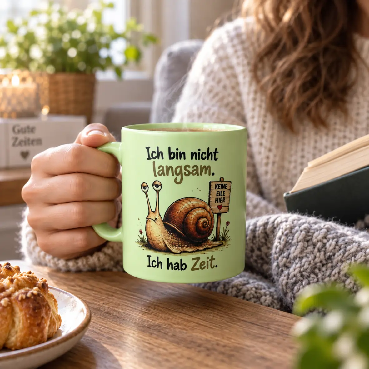 Becher, Kaffeetasse, Grün, Lampe?, Motiv