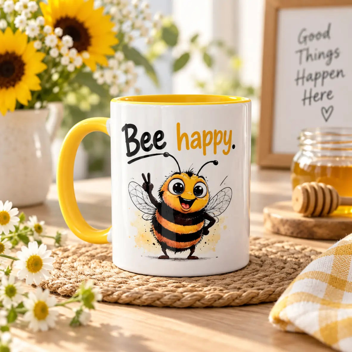 Tasse Bee Happy Becher, Be Happy, Biene, Kaffeebecher, Motiv