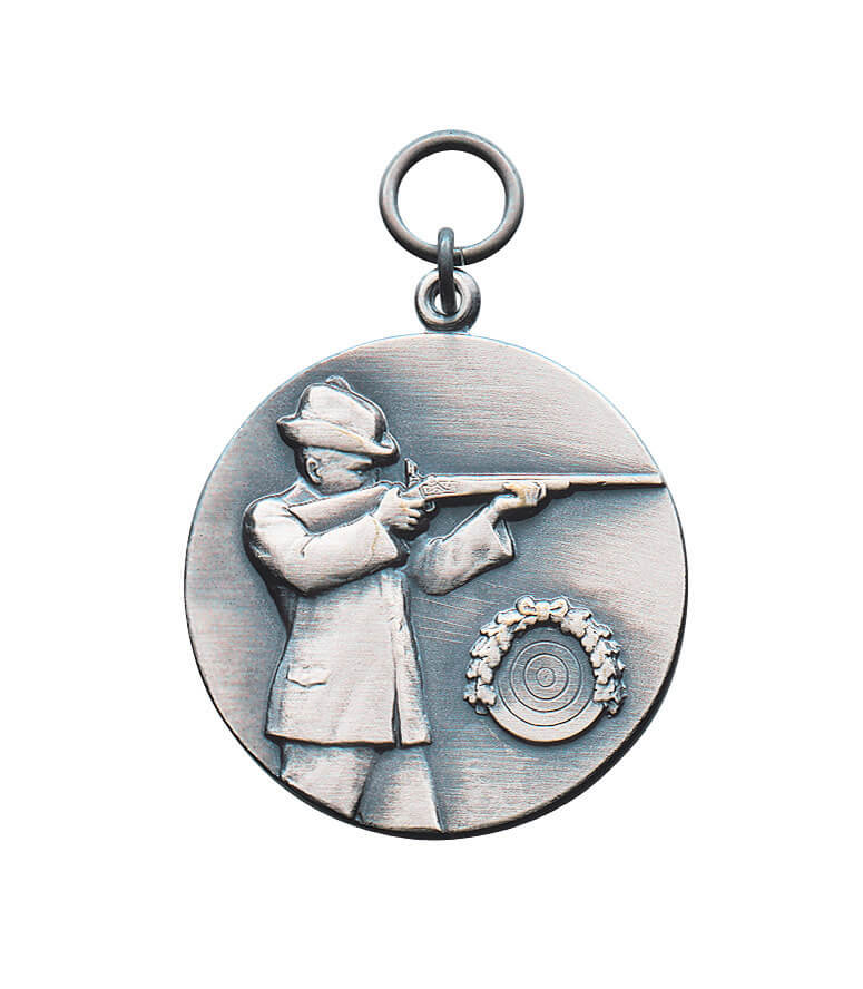Medaille vergoldet für Schützenverein mit Schütze und Zielscheibe Runde Medaille für Schützenverein mit Öse und Ring, Motiv eines Schützen mit Gewehr sowie kleiner Zielscheibe mit Eichenlaub auf der Vorderseite.