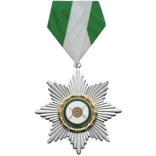 Schützenorden mit grün-weißem Band und Zielscheiben-Motiv Schützenorden in versilberter Sternform mit Auflage Zielscheibe und Gewehren, goldfarbenem Rand sowie grün-weißem Banddreieck mit Sicherheitsnadel und Gravur Jahr