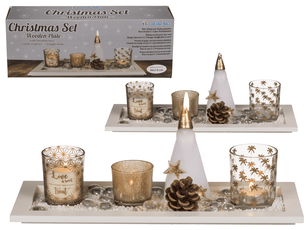 Weißes Holztablett, 36 x 14cm, mit diversen Kerzen u. Gläsern Weißes Holztablett, 36 x 14cm, mit diversen Kerzen u. Gläsern