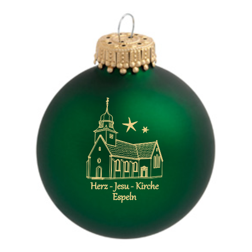 Hövelhof Herz Jesu Espeln Weihnachtskugel mit Kirchenmotiv Grüne Weihnachtskugel aus Glas mit goldfarbenem Motiv der Herz-Jesu-Kirche Espeln und Schriftzug Herz-Jesu-Kirche Espeln.