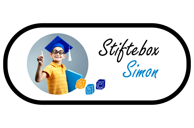 Stiftebox mit Foto und Name Simon Personalisierte Stiftebox mit rundem Foto eines Kindes mit blauem Abschlusshut und Buch sowie dem Aufdruck Stiftebox Simon und ABC-Bausteinen