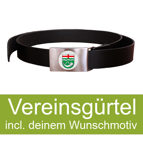 Vereinsgürtel aus schwarzem Leder mit Kastenschloss und Emblem Vereinsgürtel aus schwarzem Leder mit silbernem Kastenschloss und eingesetztem Emblem auf der Koppelschnalle