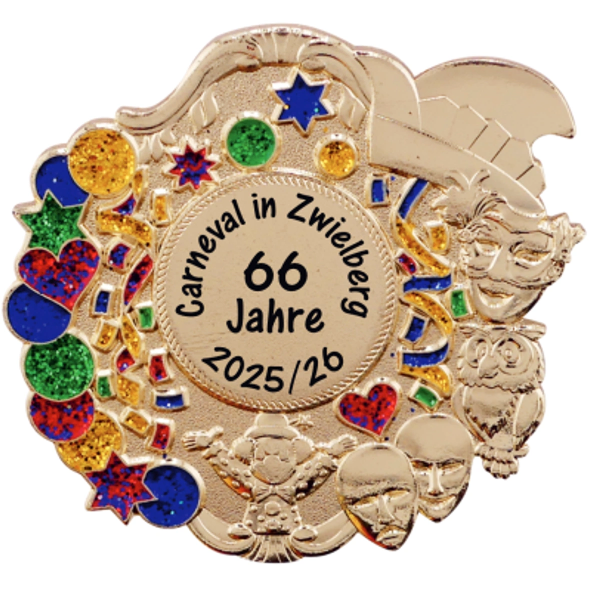 Karnevalspin Narrenfiguren mit Konfetti – Multicolor-Fotodruck Karnevalsorden, goldfarben, Glitzerelemente, Narrenkappe, Jahreszahl 2025/26
