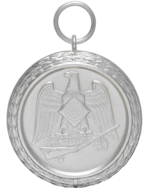 Medaille 40 mm mit Schützenadler und Zielscheibe Runde Medaille 40 mm in silberfarbener Optik mit Schützenadler auf einem Ast, kleiner Zielscheibe, verziertem Rand sowie Öse und Ring zur Befestigung