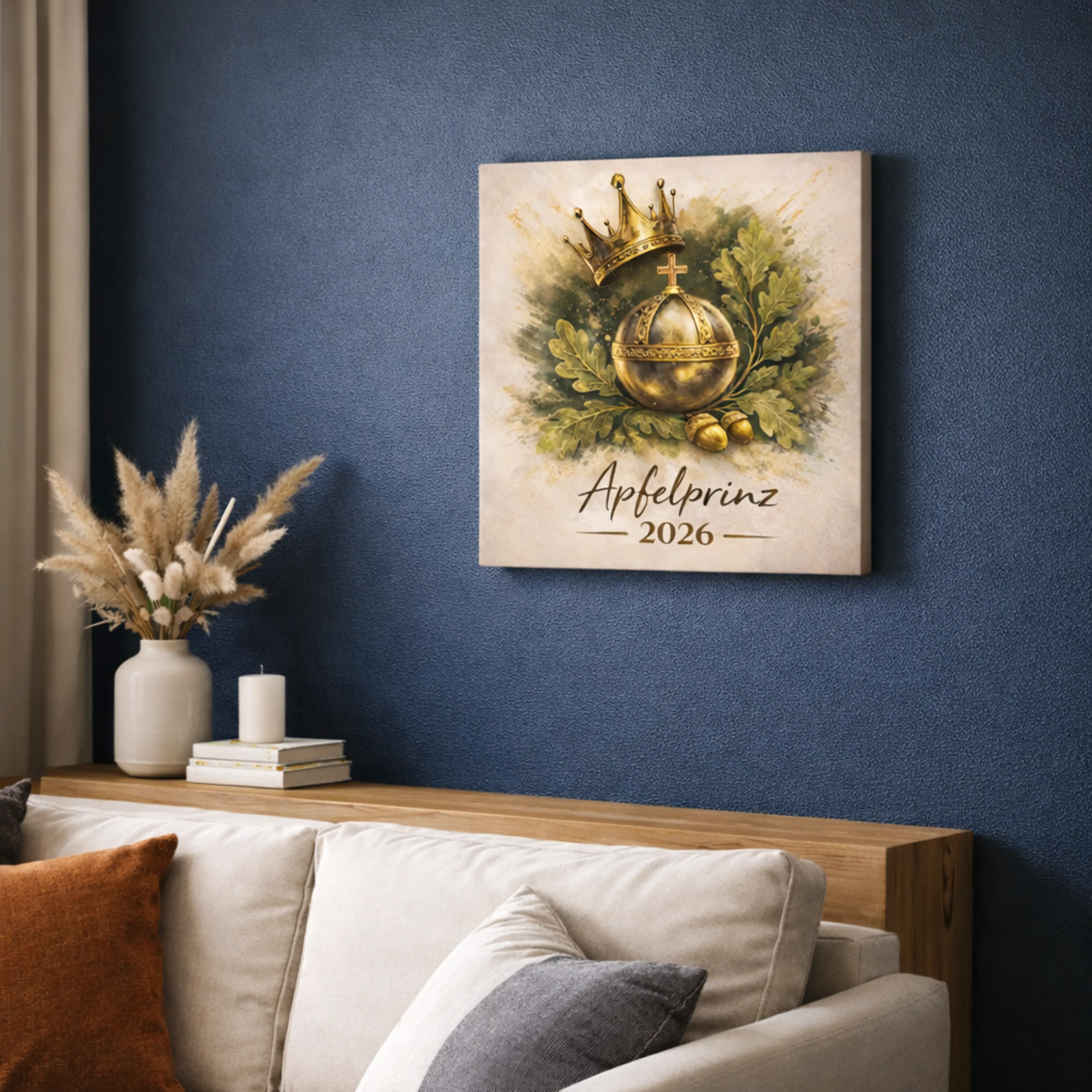 Apfelprinz Leinwand mit Krone, Reichsapfel, Eichenlaub und Jahreszahl 2026 Personalisierbare Apfelprinz Leinwand mit Illustration aus goldener Krone, Reichsapfel, Eichenlaub und Eicheln auf hellem Hintergrund, beschriftet mit Apfelprinz und der Jahreszahl 2026.