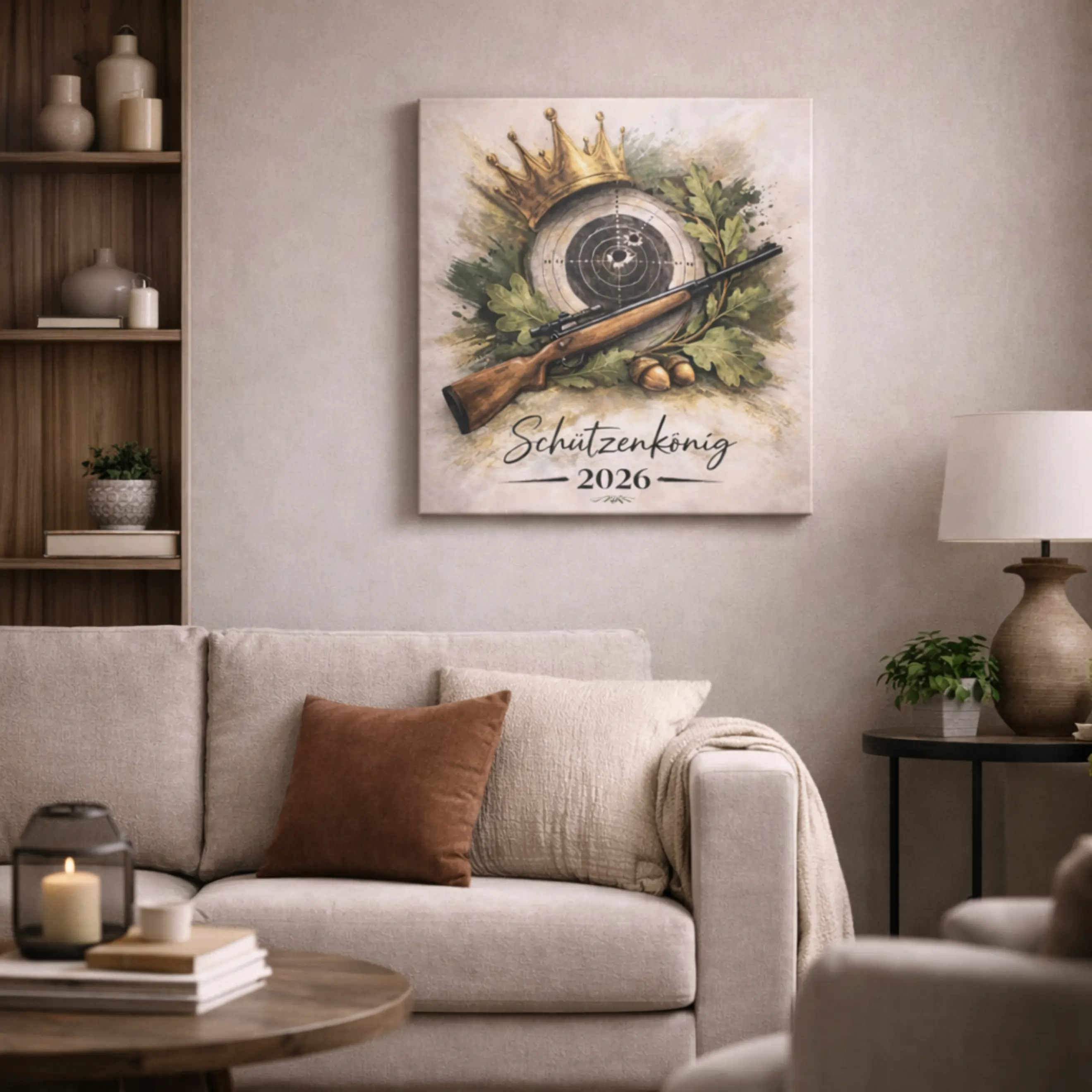 Leinwand Schützenkönig personalisierbar mit Krone, Zielscheibe und Gewehr Personalisierbare Schützenkönig-Leinwand mit Motiv aus goldener Krone, Zielscheibe, Gewehr und Eichenlaub sowie dem Schriftzug Schützenkönig 2026 auf quadratischer Leinwand.