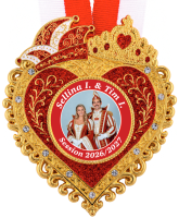 Karnevalsorden Herz mit Narrenkappe Rot-Weiß – unbedruckt Medaillon, Herzform, Goldfarben, Rotes Band, Paarmotiv