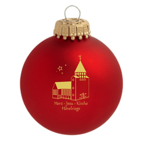 Hövelriege Herz-Jesu-Kirche Weihnachtskugel mit Kirchenmotiv Rote Weihnachtskugel aus Glas mit goldfarbenem Motiv der Herz-Jesu-Kirche Hövelriege und Schriftzug auf der Vorderseite.