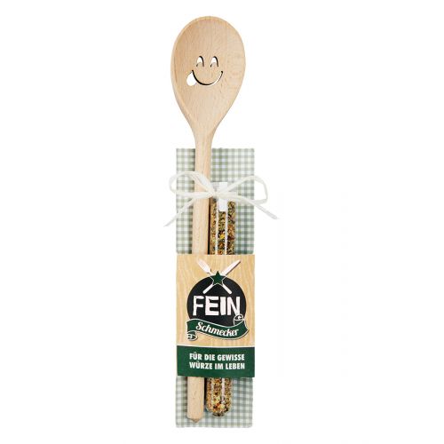 Holz Kochlöffel mit Chimichurri Gewürzmischung Feinschmecker Holz Kochlöffel mit ausgeschnittenem Smiley, zusammengebunden mit einer Reagenzglas-Gewürzmischung Chimichurri auf karierter Verpackung, Produkt Holz Kochlöffel + Gewürzmischung Feinschmecker