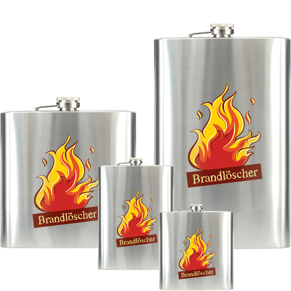 Flachmann Brandlöscher aus Edelstahl mit Flammenmotiv Vier Edelstahl-Flachmänner Brandlöscher in verschiedenen Größen mit aufgedrucktem Flammenmotiv und Schriftzug Brandlöscher auf der Vorderseite.