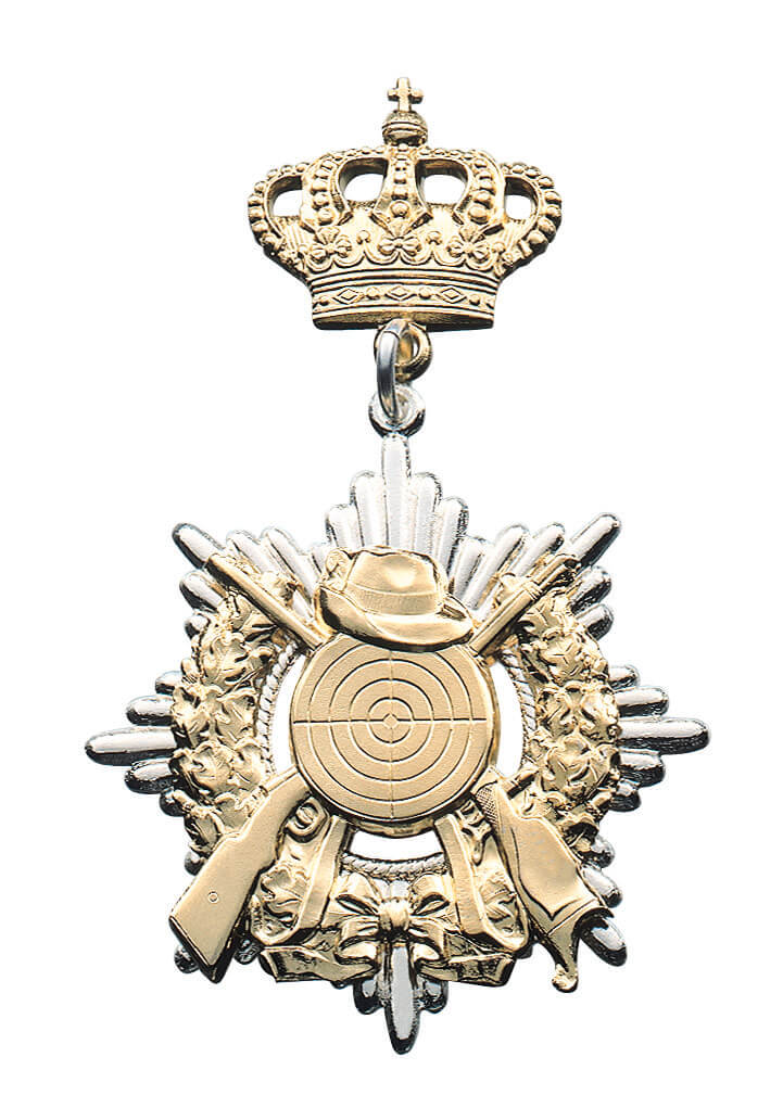 Orden mit Schützenauflage und Krone Orden mit Schützenauflage in Silber und Goldoptik mit Krone, Strahlenstern, Eichenlaubkranz, Zielscheibe, gekreuzten Gewehren und Hut