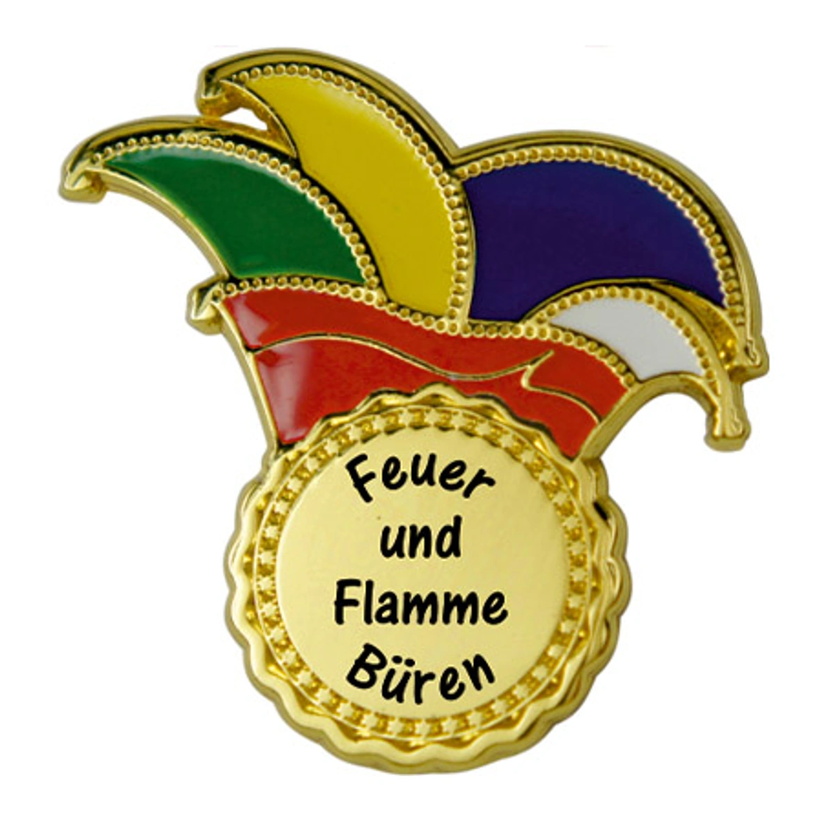 Karnevalsorden, Narrenkappe, Metall, Goldfarben, Mehrfarbig