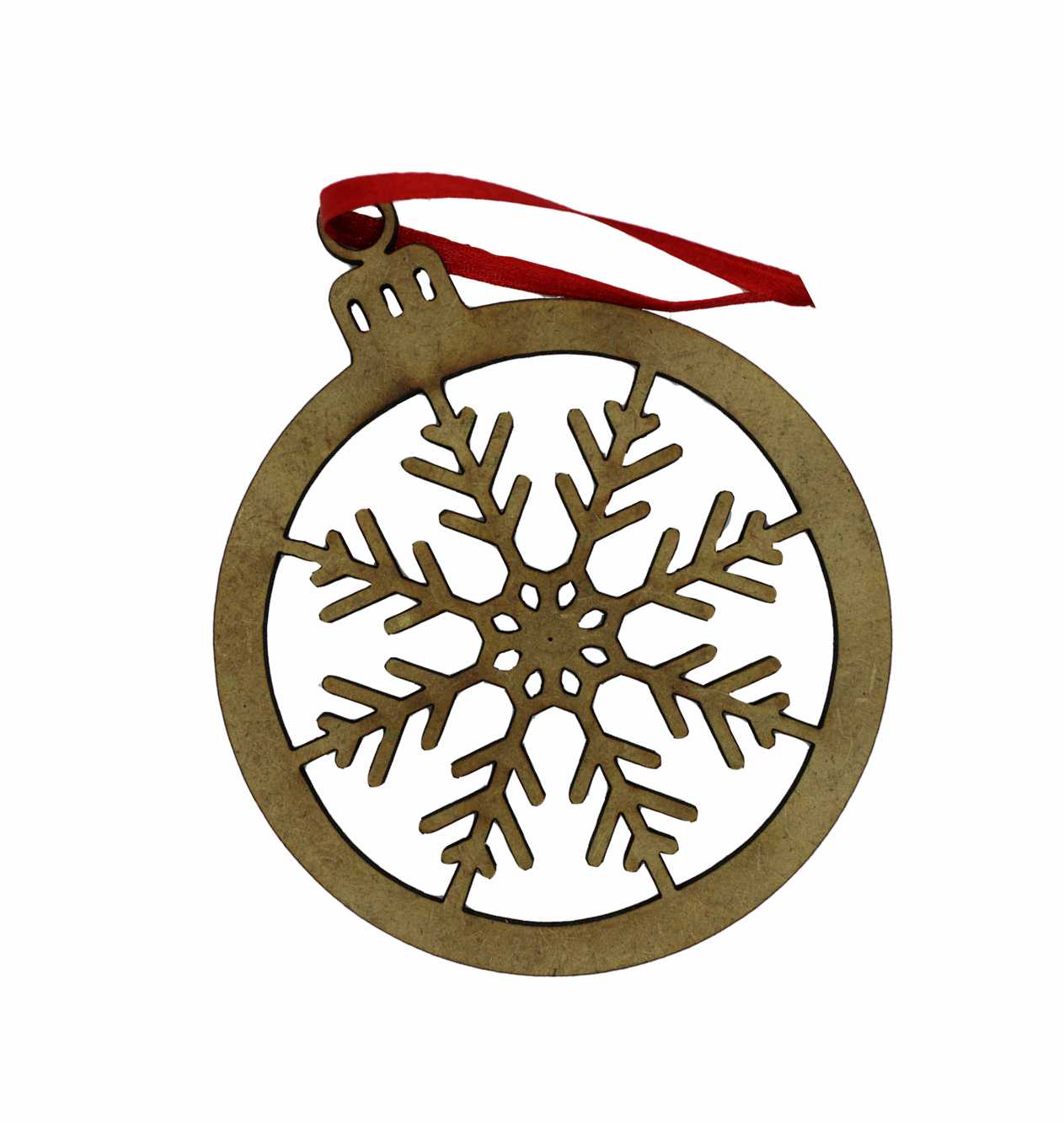 Christbaumschmuck Schneeflocke in Kugel aus Holz Christbaumschmuck aus Holz in Form einer offenen Weihnachtskugel mit filigraner Schneeflocke im Inneren und rotem Aufhängeband