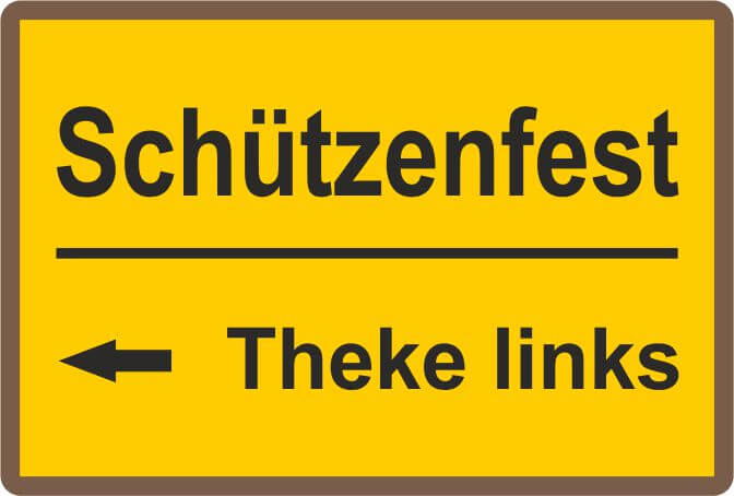Ortspin Expressabzeichen mit gelbem Schildmotiv „Schützenfest – Theke links“ Rechteckiges Ortspin-Expressabzeichen mit gelbem Schildmotiv, schwarzer Umrandung, Schriftzug „Schützenfest“, Trennlinie, linkem Pfeil und Text „Theke links“.