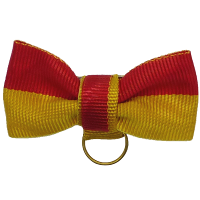 Bandschleifen rot-gelb mit Ring zum Anhängen eines Ordens Rot-gelbe Bandschleife aus Stoff mit mittigem Band und goldenem Ring zum Anhängen eines Ordens oder einer Medaille