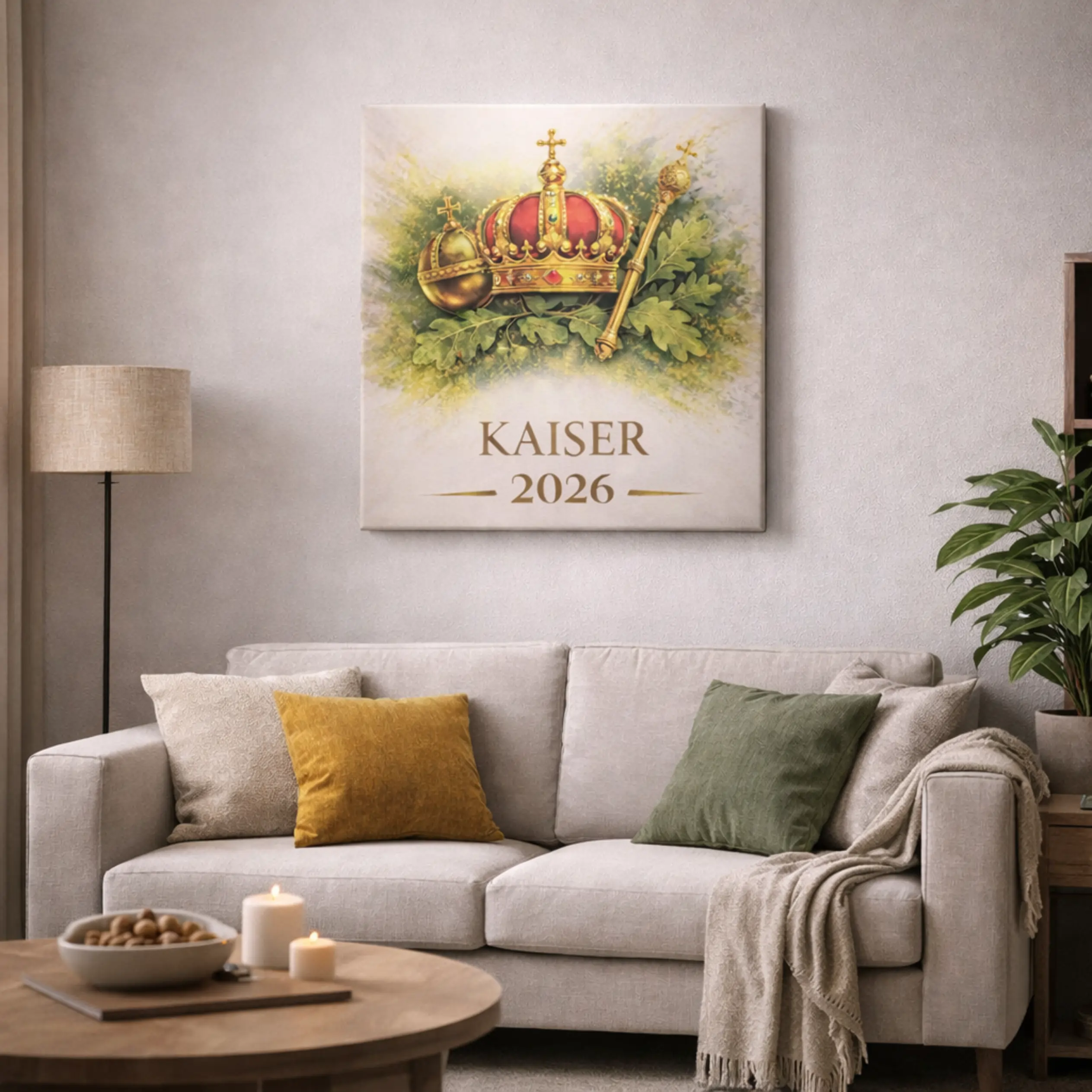 Leinwand Kaiser personalisierbar mit Krone, Reichsapfel, Zepter und Jahreszahl Personalisierbare Schützenkaiser Leinwand mit gold-roter Krone, Reichsapfel, Zepter und Eichenlaub sowie dem Schriftzug Kaiser und der Jahreszahl 2026 auf quadratischer Canvas-Leinwand