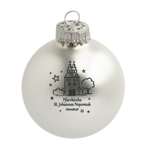 Hövelhof Pfarrkirche Weihnachtskugel mit Motiv St. Johannes Nepomuk Matte weiße Weihnachtskugel aus Glas mit schwarzem Motiv der Pfarrkirche St. Johannes Nepomuk in Hövelhof und dekorativen Sternen.