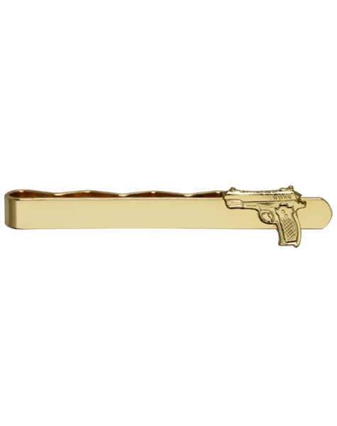 Krawattenschieber Pistole in goldfarbener Optik Goldfarbener Krawattenschieber mit Pistolenmotiv an der rechten Seite, längliche Form mit abgerundetem Ende.