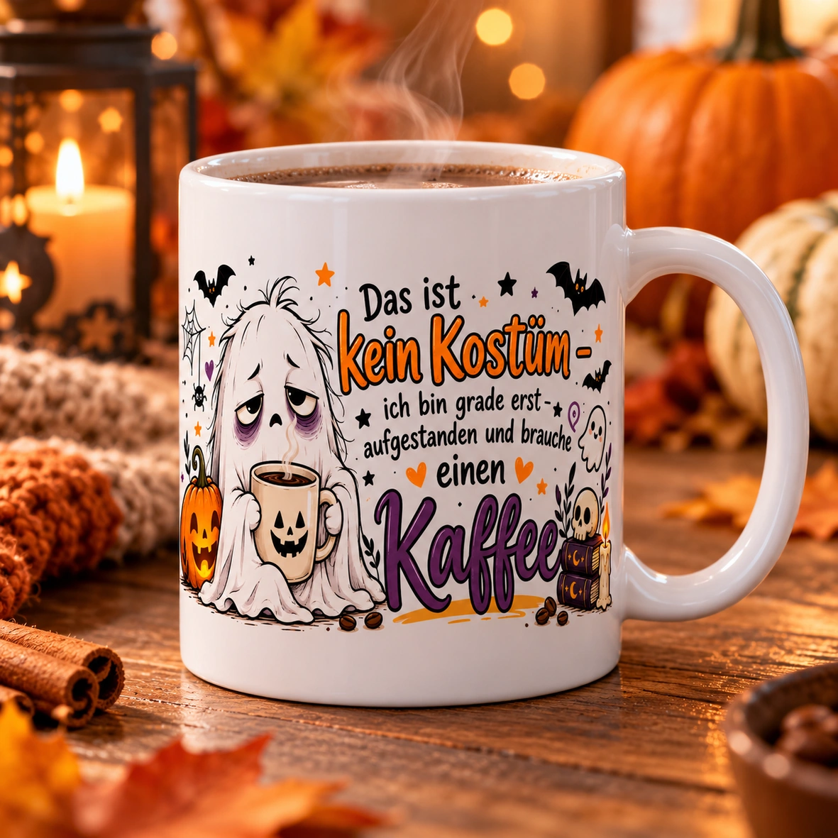 Halloween-Tasse „Das ist kein Kostüm“ – Hauptbild Keramiktasse, Halloween-Motiv, Geistermotiv, Kaffeetasse, weiße Tasse