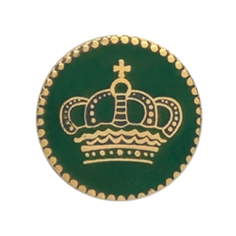 Abzeichen Krone vergoldet mit langer Nadel, grüne Rundform mit goldener Krone Rundes Pfänderabzeichen für Schützen in Grün mit goldfarbener Krone und vergoldetem Rand, Ausführung als Abzeichen Krone vergoldet mit langer Nadel