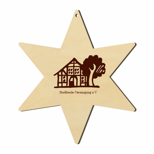 Stadtheide Vereinigung Paderborn Holzstern mit graviertem Vereinsmotiv Holzstern als Anhänger mit graviertem Motiv eines Fachwerkhauses und Baums sowie dem Schriftzug Stadtheide-Vereinigung e.V., passend zum Produkt Stadtheide Vereinigung Paderborn Holzstern