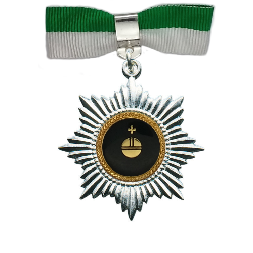 Pfänderorden Apfel, versilberter Orden mit grüner und weißer Stoffschleife Pfänderorden Apfel als versilberter Sternorden mit schwarzer runder Mitte, goldfarbener Apfel-Auflage und grün-weißer Stoffschleife mit Sicherheitsnadel