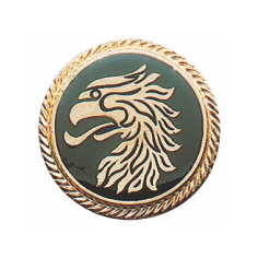 Auflage Kopf vergoldet-grün mit Adlerkopf, rund Runde vergoldete Auflage Kopf in Grün mit goldenem Adlerkopf und gedrehtem Rand, Zubehör für Orden, Anhänger und Auszeichnungen, ohne Befestigung
