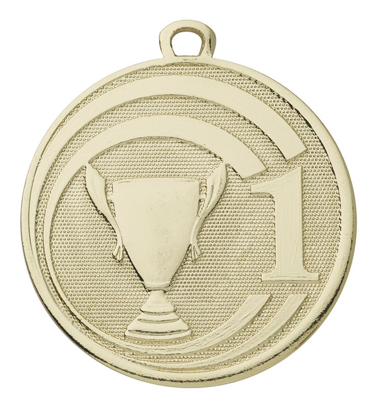 Medaille „Pokal“ in Goldoptik mit Pokal und Zahl 1 Runde Medaille „Pokal“ in Goldoptik mit Öse, geprägtem Pokal in der Mitte, großer Zahl 1 und kreisförmigen Bogenelementen auf strukturierter Fläche