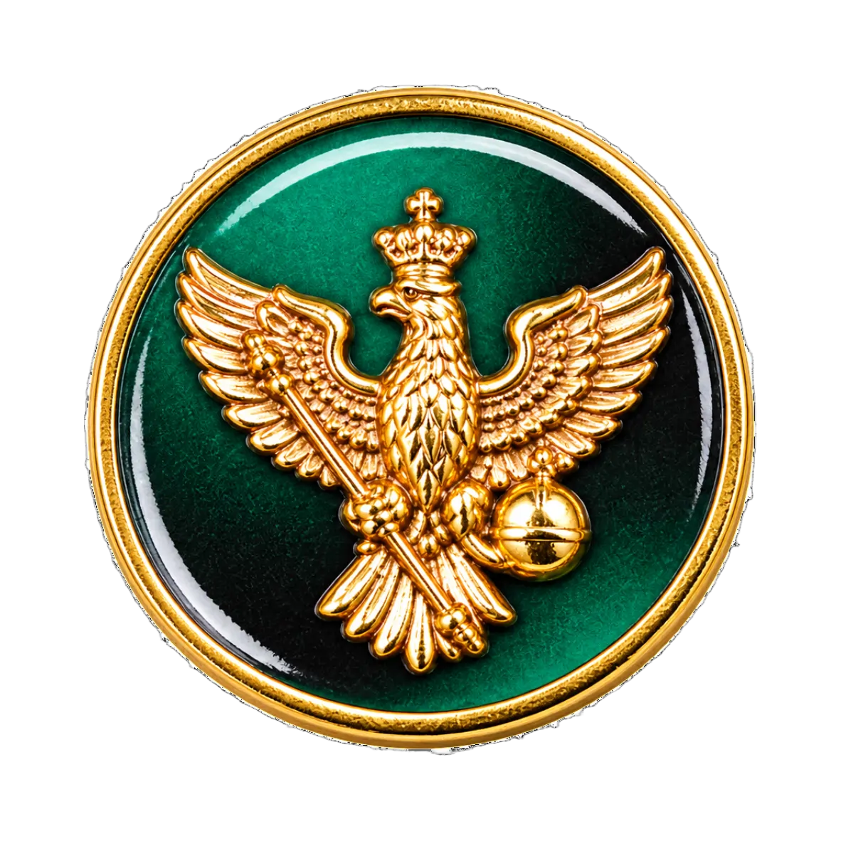 golden emblem, eagle crest, grün emaille, Metallabzeichen, runder Abzeichen