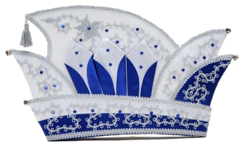 Prinzenmütze mit Strass und Glöckchen in Weiß und Blau Prinzenmütze mit Strass und Glöckchen in Weiß und Blau, mit geschwungener mehrzackiger Form, silberfarbener Zierborte, blauen Einsätzen, vier Glöckchen, Quaste und dekorativen Strasssteinen