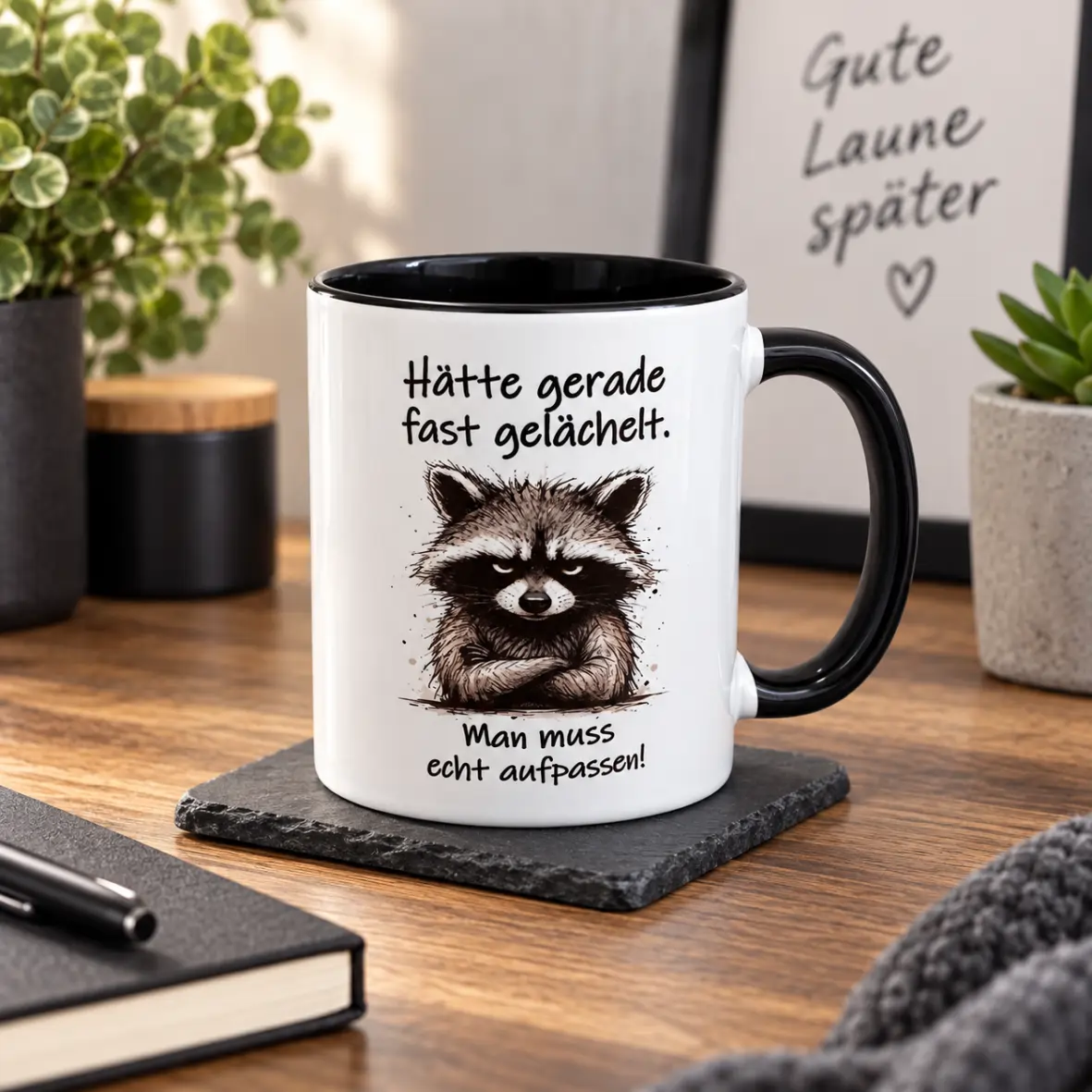 Tasse Ich hätte fast gelächelt Kaffeebecher, Becher, Raccoon-Design, Spruch-Becher, Keramikbecher