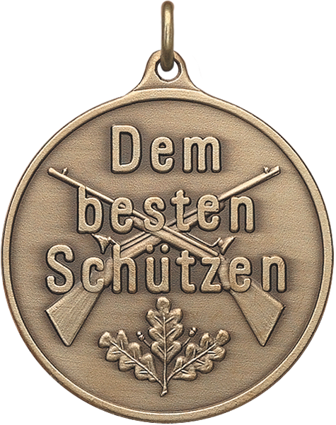 Schützenmedaille Dem besten Schützen mit gekreuzten Gewehren Runde Medaille mit Öse, Schriftzug „Dem besten Schützen“, gekreuzten Gewehren und Eichenlaub in bronzeähnlicher Optik.