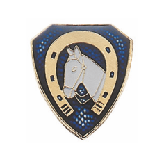 Auflage vergoldet mit Pferdekopf und Hufeisen auf blauem Wappenschild Auflage vergoldet für Reiter-Auszeichnungen in Form eines Wappenschilds mit weißem Pferdekopf, goldenem Hufeisen und blauem Hintergrund.