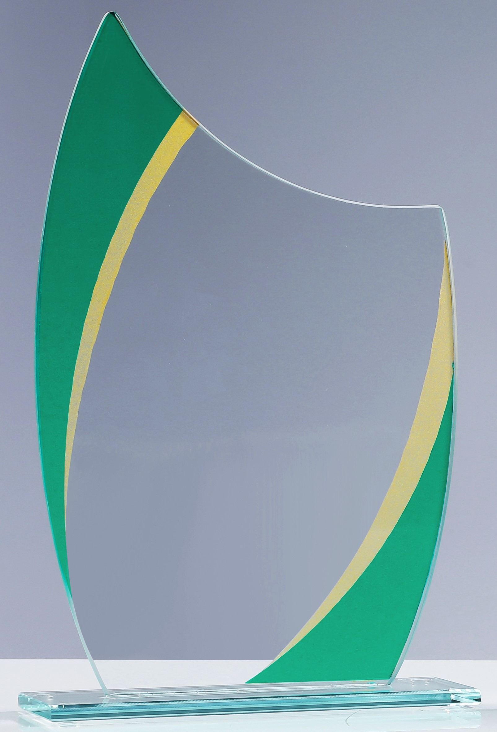 Glastrophäe grün-gold / H 155 mm x B 100 mm