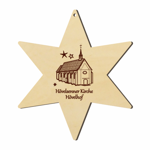 Hövelhof Hövelsenner Holzstern mit Gravur der Hövelsenner Kirche Sechszackiger Holzstern zum Aufhängen mit Lasergravur der Hövelsenner Kirche und dem Schriftzug „Hövelsenner Kirche Hövelhof“.