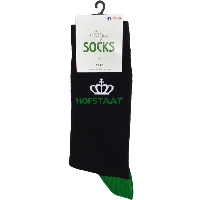 Hofstaatsbox B – schützenSOCKS Hofstaat mit Kronenmotiv Schwarze schützenSOCKS "Hofstaat" mit weißem Kronenmotiv, grünem Schriftzug und grüner Fußspitze, Bestandteil der Hofstaatsbox B