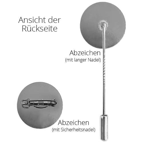 Abzeichen vergoldet Rückseite mit langer Nadel und Sicherheitsnadel Rückseite des Abzeichens vergoldet mit zwei Verschlussarten: runde Metallrückseite mit langer Nadel sowie runde Metallrückseite mit Sicherheitsnadel.