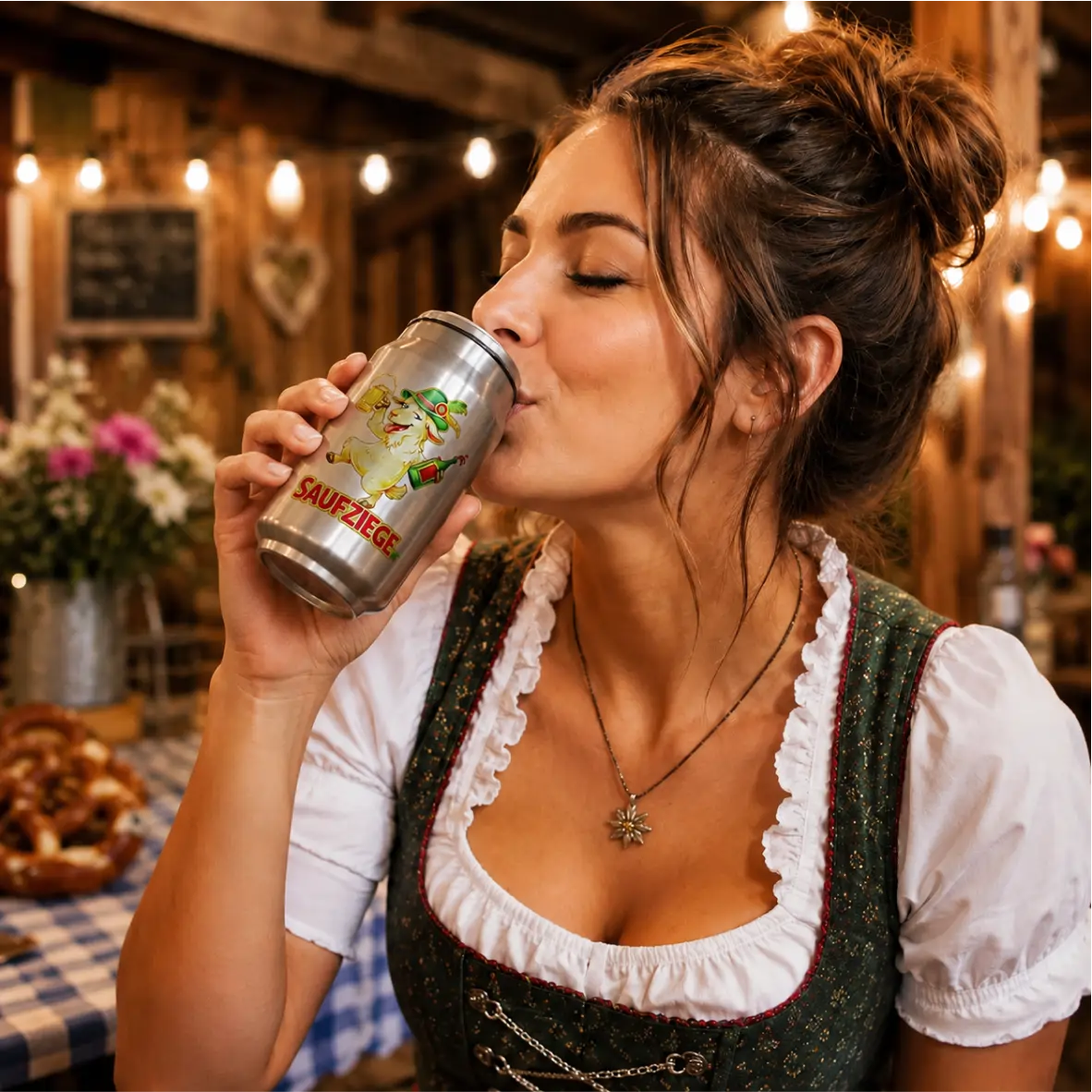 Thermodose Saufziege 250 ml – doppelwandiges Edelstahl-Trinkgefäß mit Trinkhalm Kunststoffdose, Sauerteig, Kleidung, Dirndl, Alpenfest
