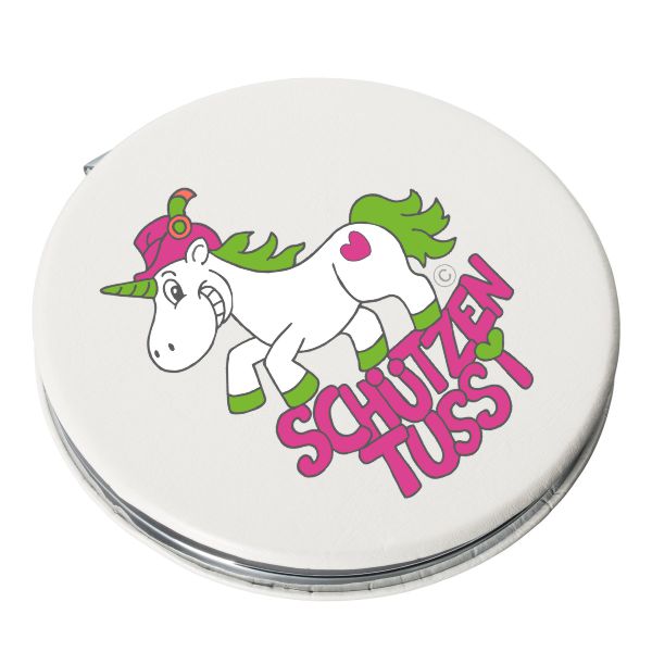 Kosmetikspiegel mit Schützentussi-Motiv aus der Schützentussibox Runder Kosmetikspiegel in Silberoptik mit Einhorn-Motiv und pinkem Schriftzug Schützentussi, enthalten in der personalisierbaren Schützentussibox